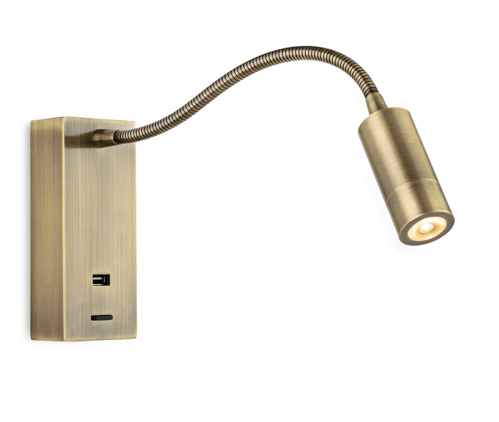 Antique Brass Flexi Wall Light with USB Lighting