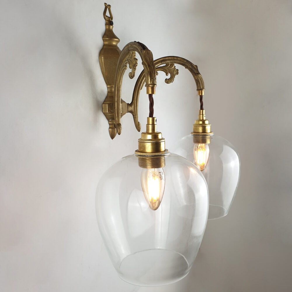 Double Arm Brass Wall Light with Clear Teardrop Brochure