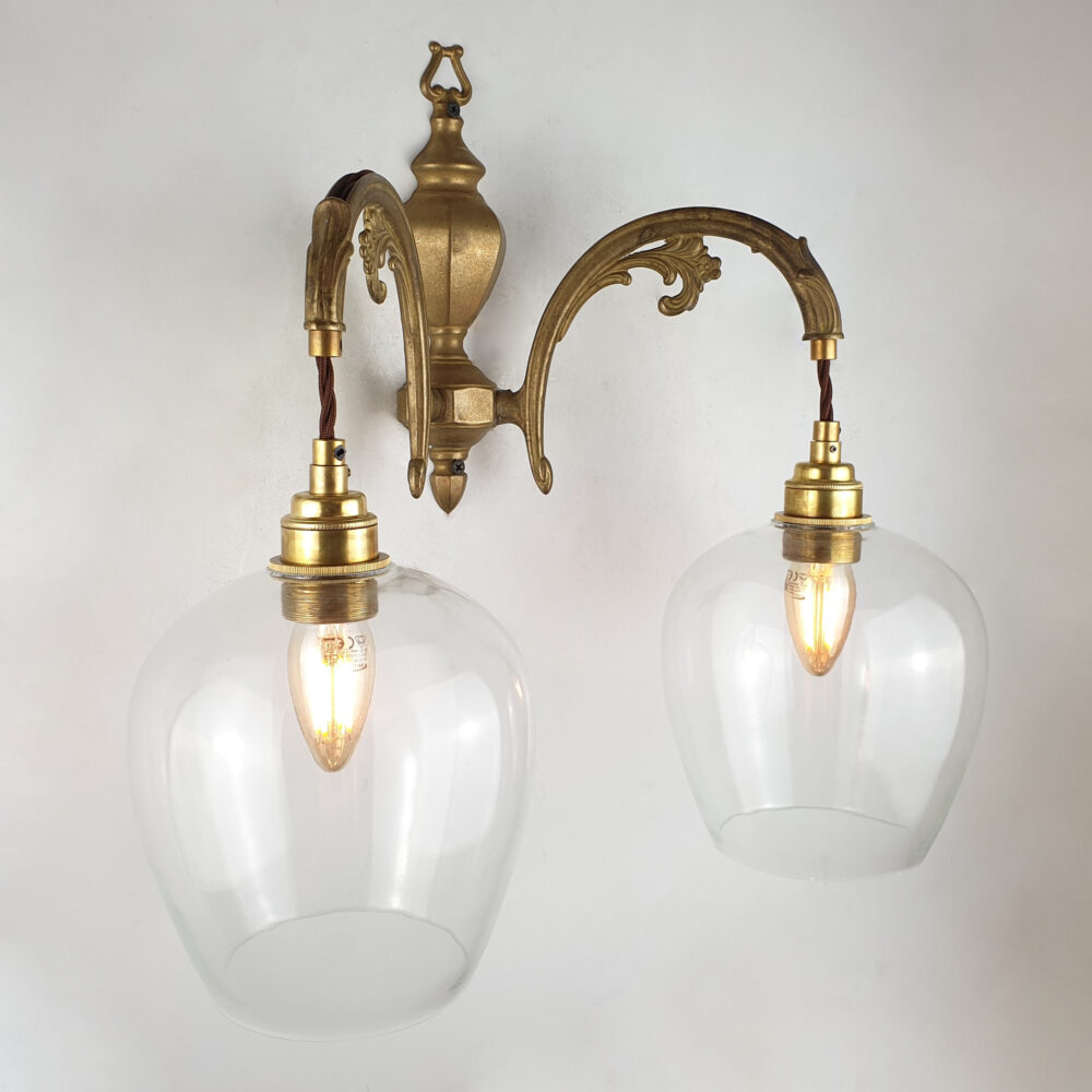 Double Arm Brass Wall Light with Clear Teardrop Brochure