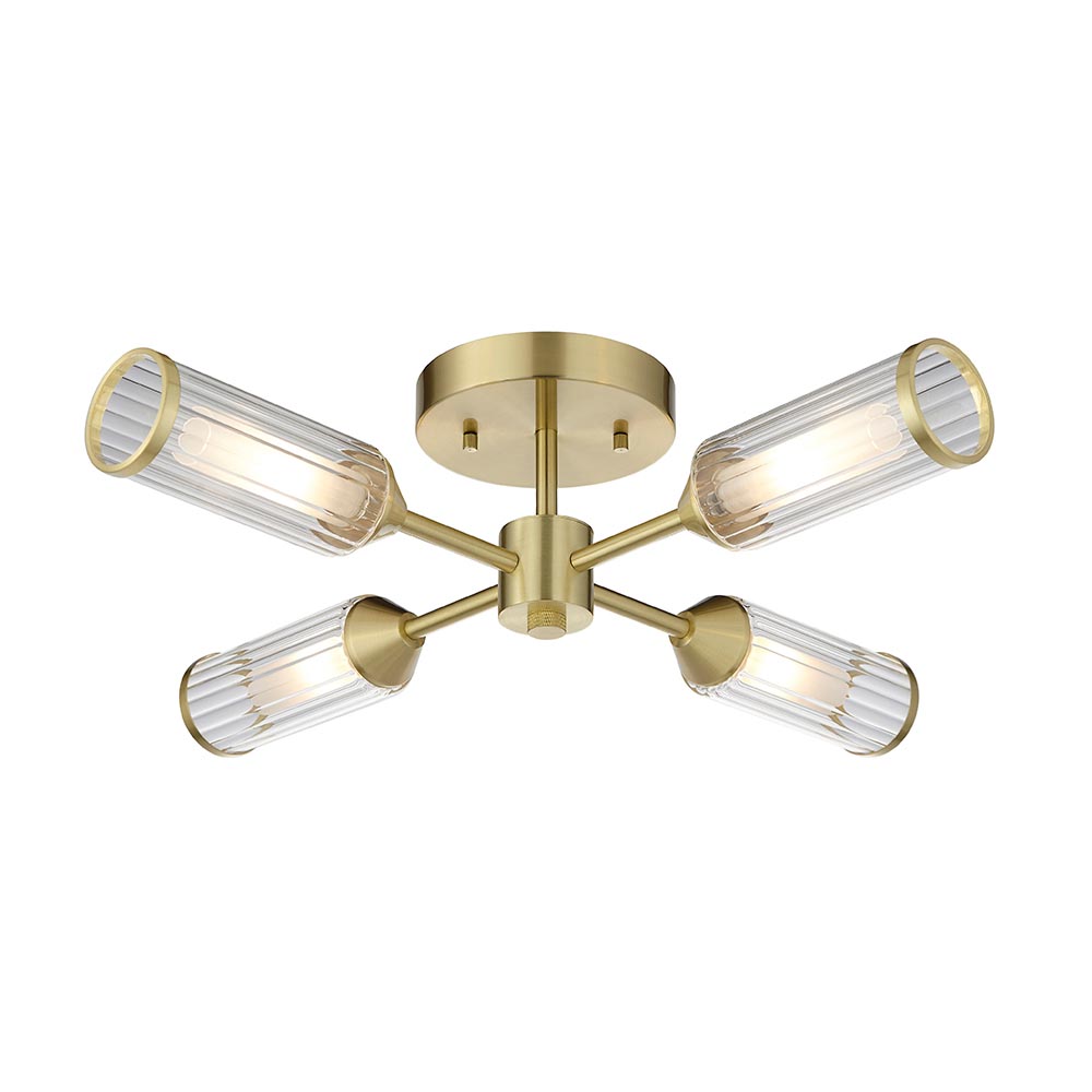 4 Light Satin Brass Semi-Flush With Frosted Ribbed Glass Flush & Semi Flush