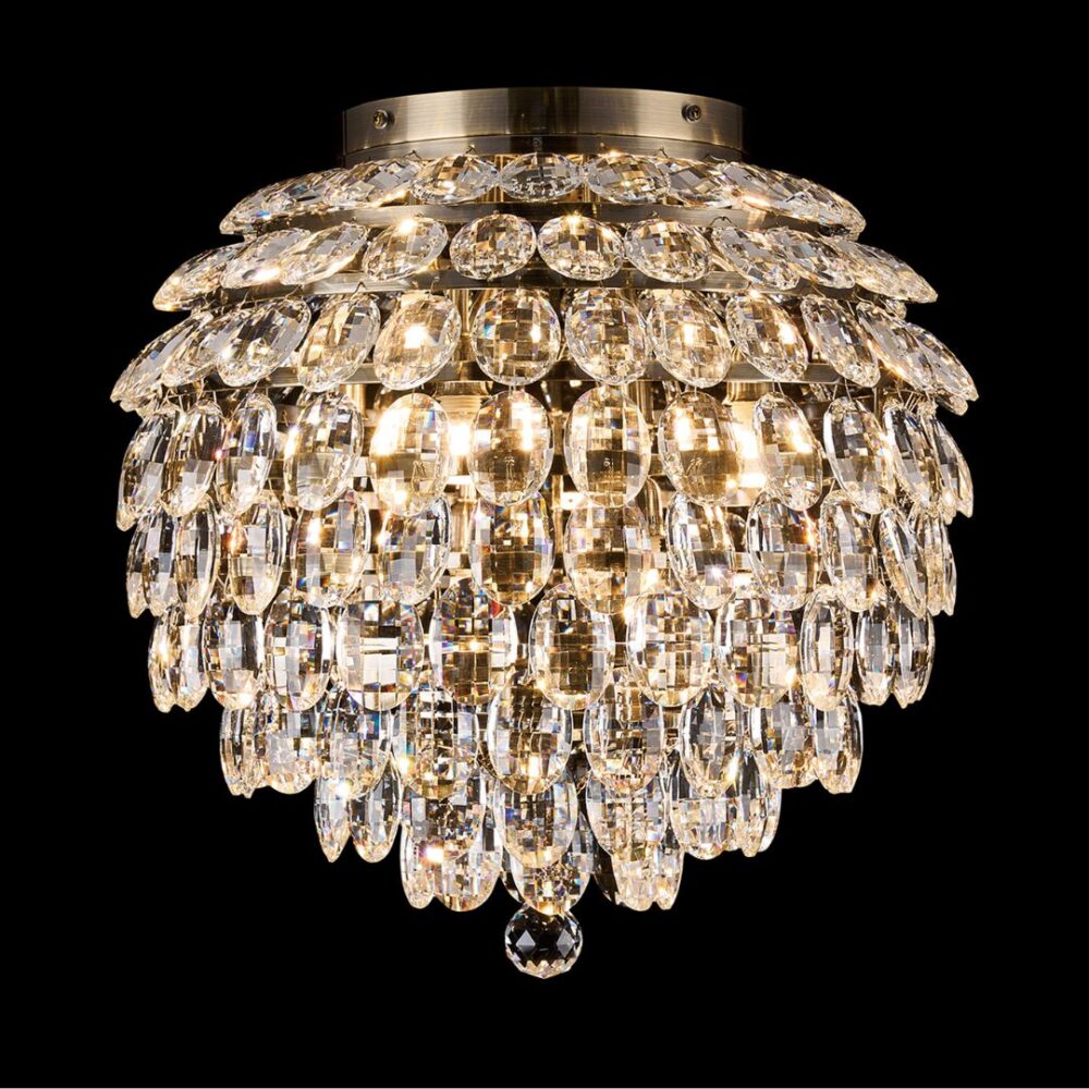 8 Light Antique Brass & Crystal Flush (IP44) Bathroom