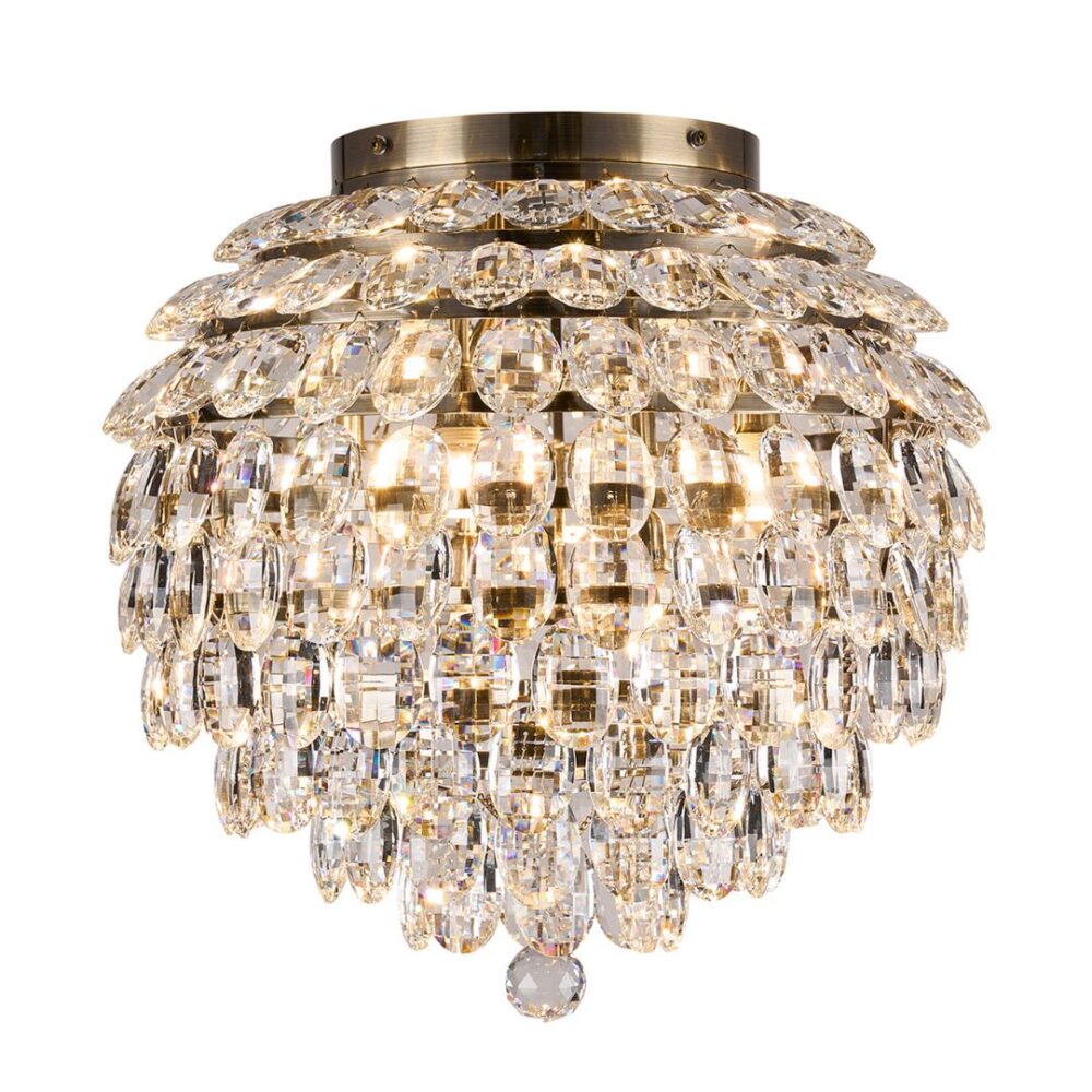 8 Light Antique Brass & Crystal Flush (IP44) Bathroom