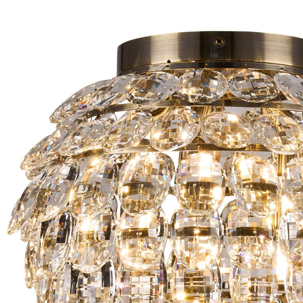 5 Light Antique Brass & Crystal Flush (IP44) Bathroom