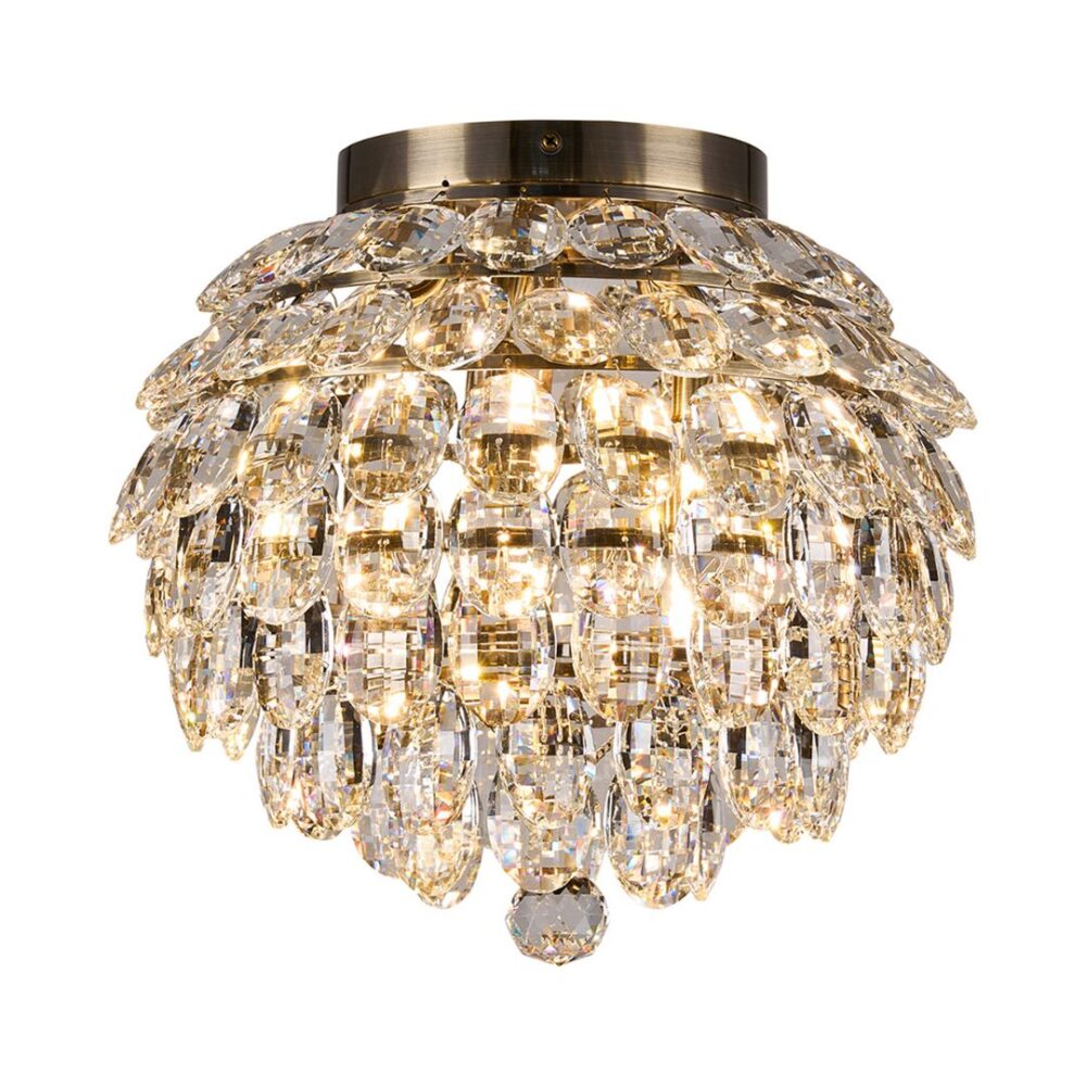 8 Light Antique Brass & Crystal Flush (IP44) Bathroom