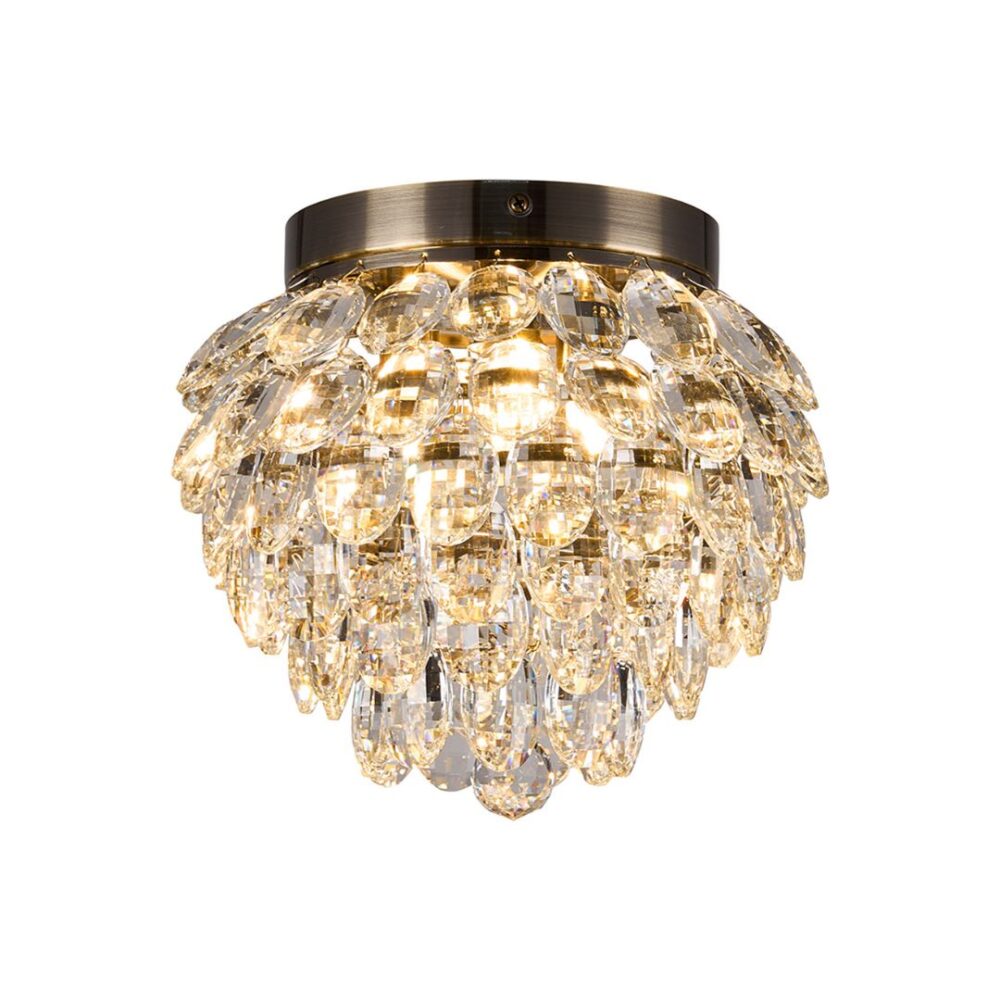 5 Light Antique Brass & Crystal Flush (IP44) Bathroom